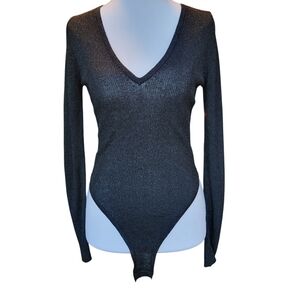 Victoria's Secret Black Semi Sheer Long Sleeve Vneck Bodysuit